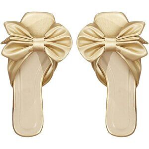 Women's Bow Gold Square Open Toe Breathable Slip On Slide Sandals Flat Shoes